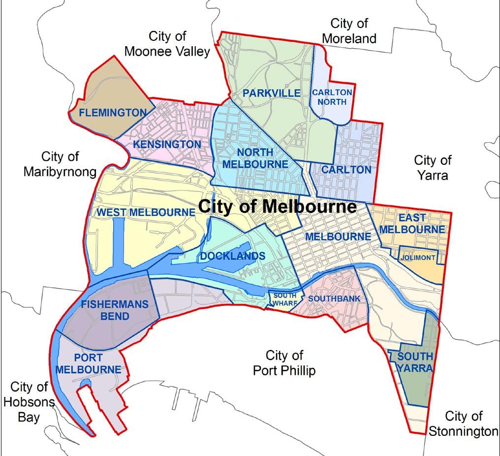 რუკა მელბურნი და მის მიმდებარე გარეუბანში